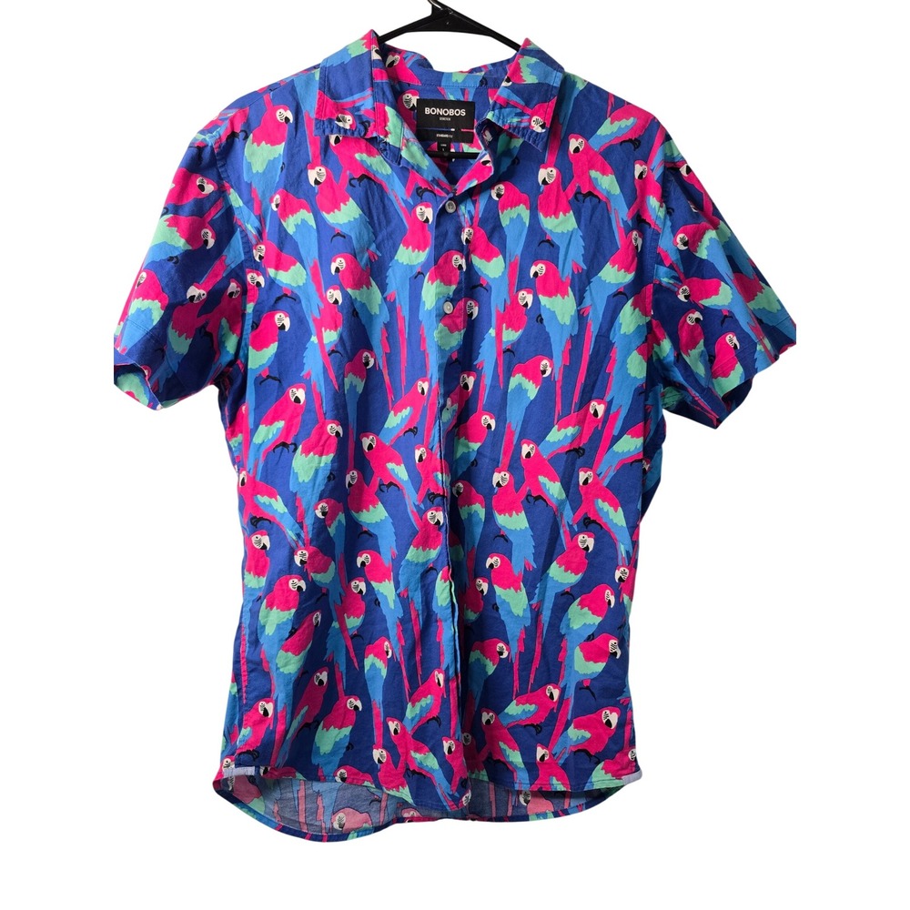 Bonobos Mens Stretch Parrot Print SS Shirt Large Blue Pink Tropical Button Up